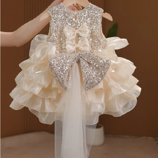 【MU&SEN】2025夏季女童亮片连衣裙小众高级宴会蝴蝶结蓬蓬礼服裙