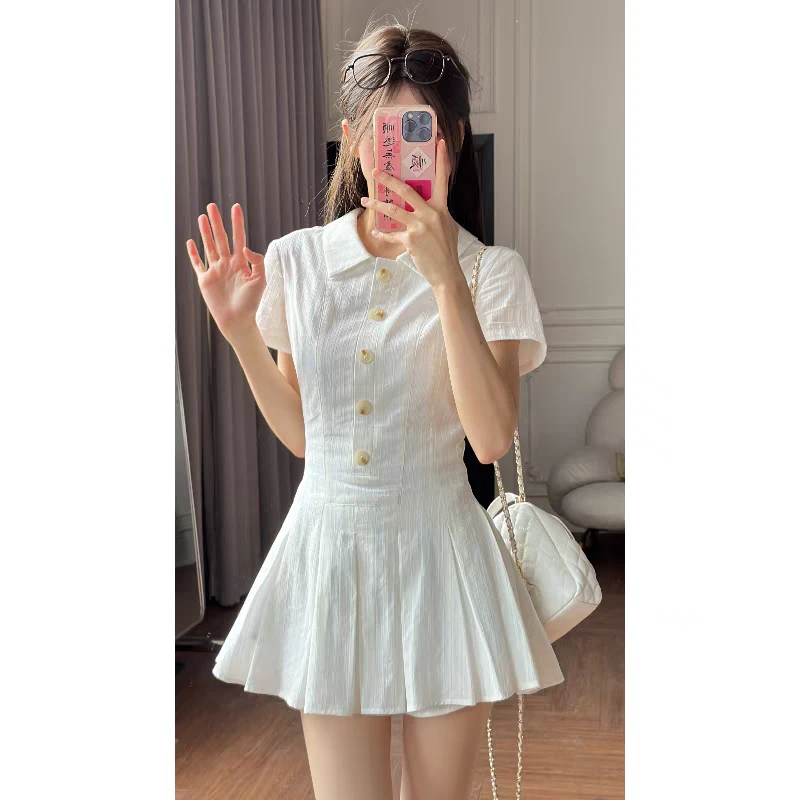 【一然】大码女装甜辣白色连衣裙女学院风竖纹衬衫裙百褶裙11569