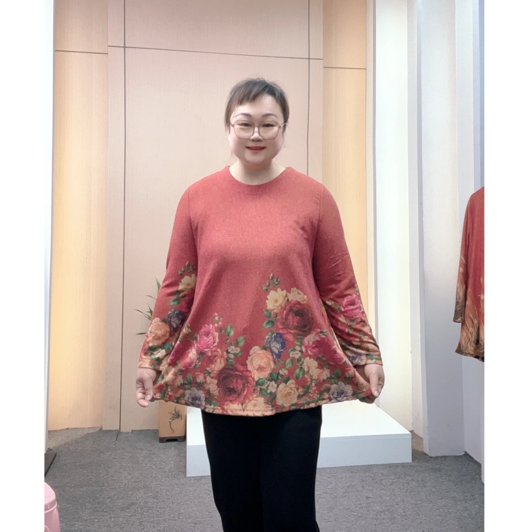 拼色大花经典圆领口袋气质显瘦返潮复古大码妈妈装上衣