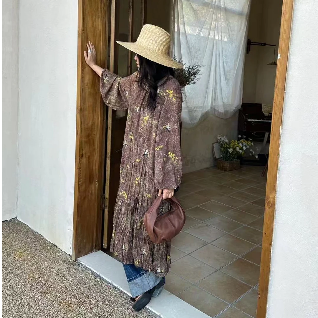 新春碎花时尚百搭气质泡泡袖连衣裙显气质