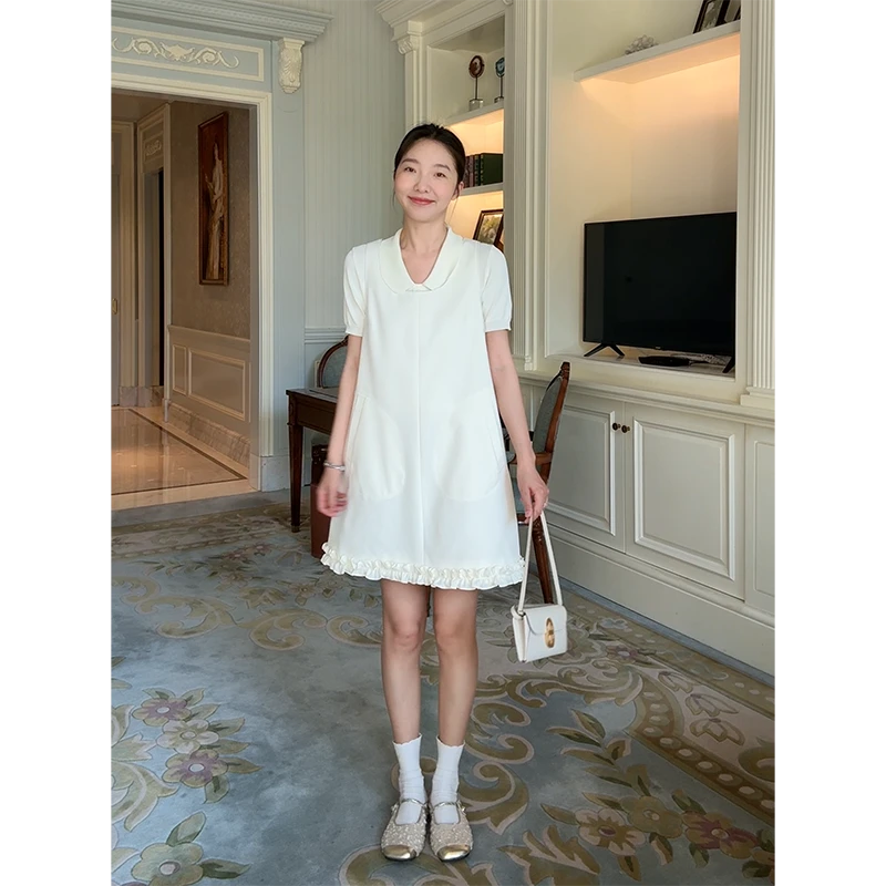 郭九九呢 娃娃领显瘦针织短袖上衣简约U领无袖连衣裙 G925A05417