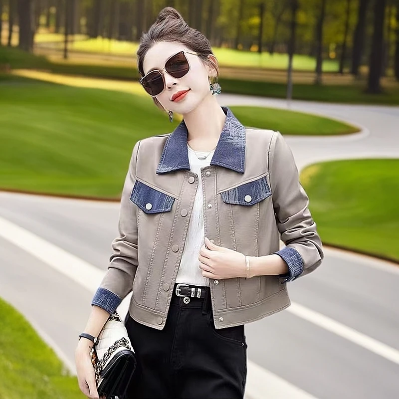 【素境】99009#时尚气质外套女2025春装新品显瘦修身短款拼色皮衣