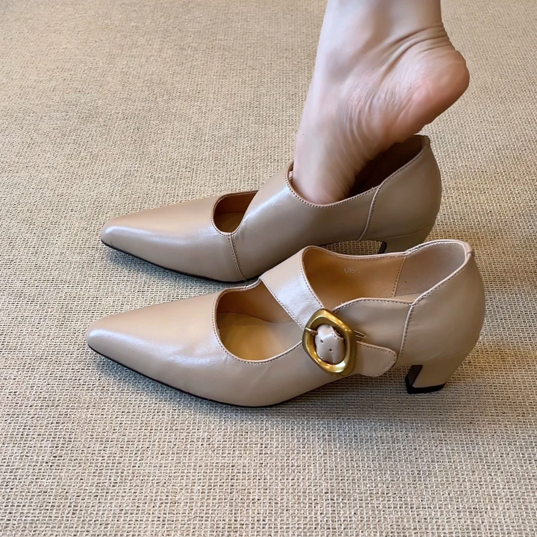 RubyL/5cm法式气质百搭金属扣一字扣带尖头浅口玛丽珍单鞋女款