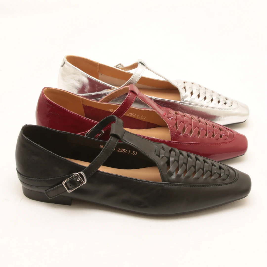 7090春夏新款方头编织镂空玛丽珍鞋女时髦丁字扣带粗跟通勤单鞋