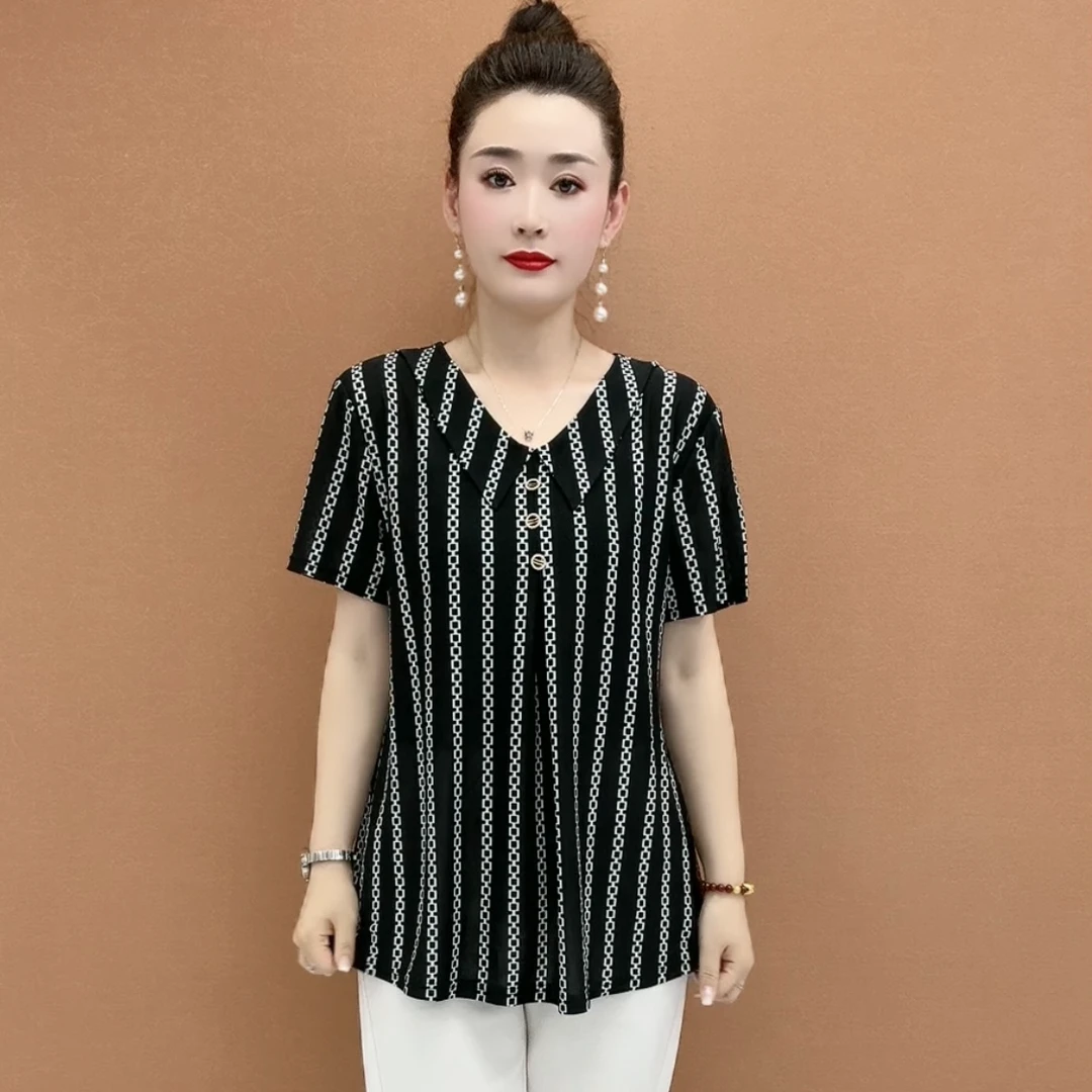 加大码新款宽松气质中老年女装显瘦遮肚子小衫夏季时尚妈妈装洋气