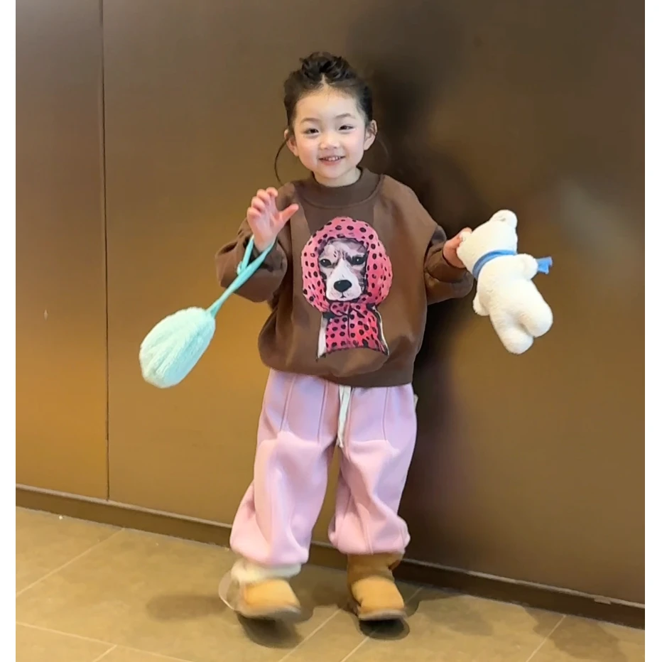 100-160女童斑点狗卫衣+粉色加绒卫裤可束口