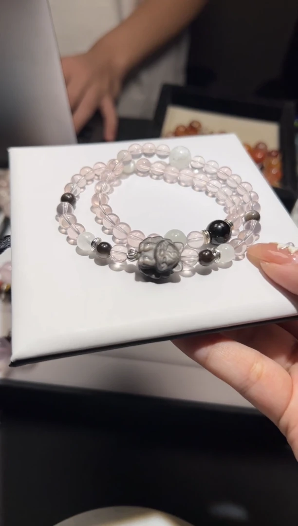 未镶嵌手链水晶粉黑配色双圈