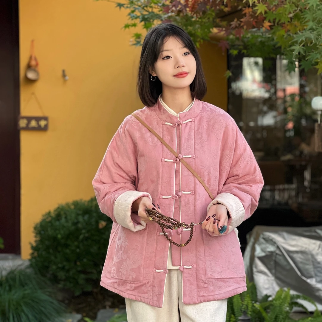 沅曼【锦绣加厚】中式加厚缎面提花复古盘扣中长款显瘦保暖秋冬棉服
