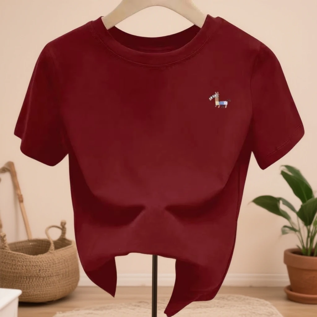 加厚磨毛棉正肩线条短袖t恤女百搭百搭酒红色上衣打底衫春秋季