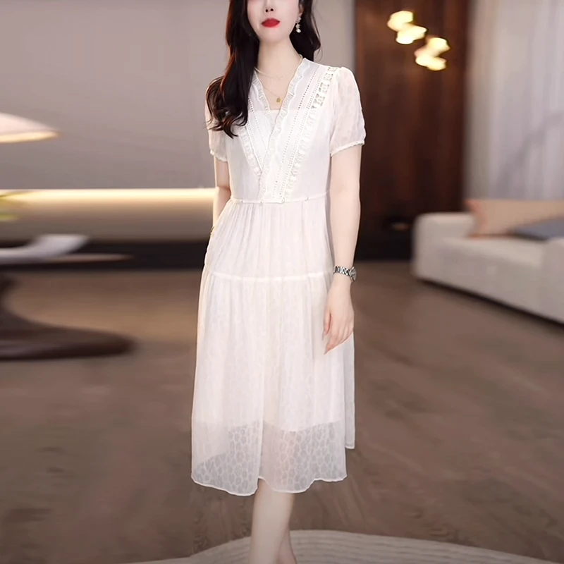 芙蓉丝时尚轻奢仙女风女装2025夏季新款洋气减龄显白显瘦连衣裙子