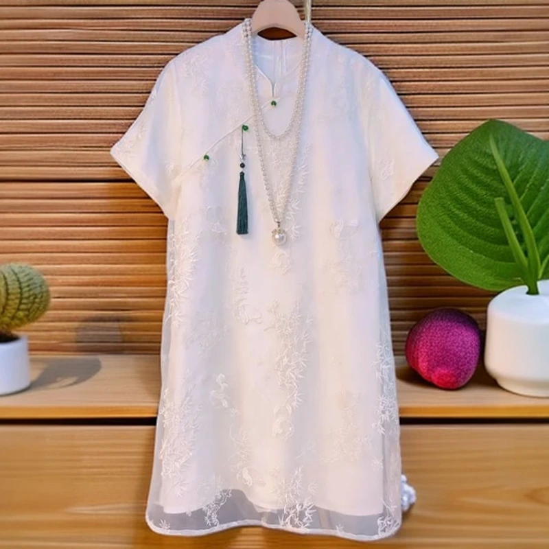 夏季新款大码圆领斜襟短袖刺绣连衣裙中国风遮肉气质小个子流苏潮