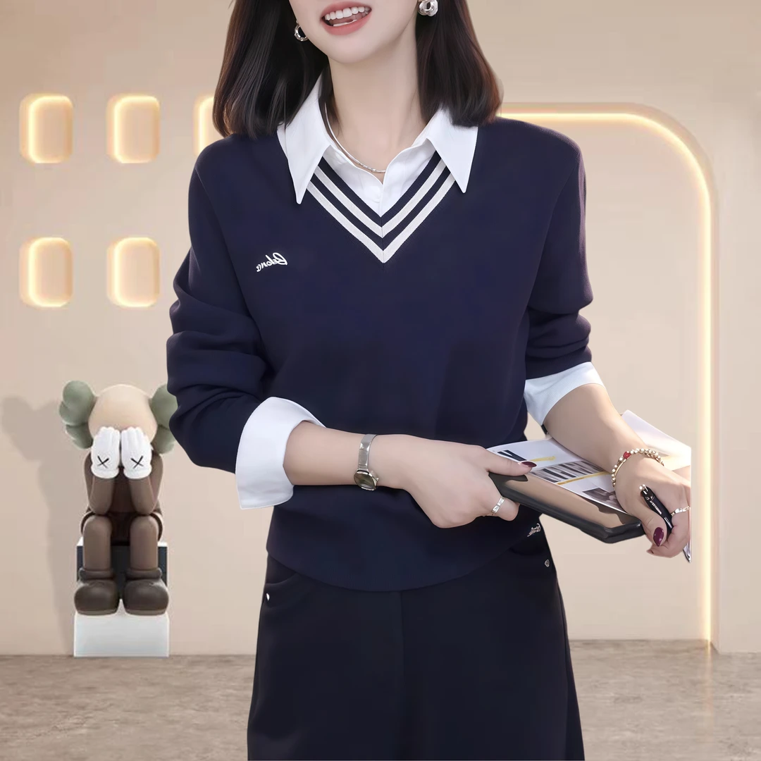 秋冬假两件女士翻领藏青色时尚针织衫百搭设计感衬衫领拼接毛衣女