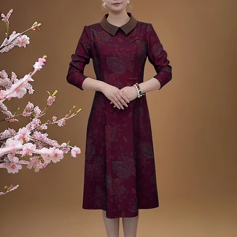 春秋新款气质修身收腰百搭显瘦洋气复古中长款新中式时尚连衣裙