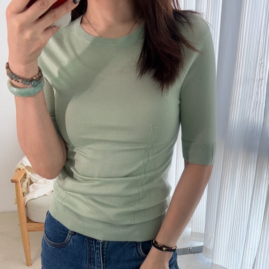 外单款春夏五分袖针织T恤舒适透气竹纤维半袖