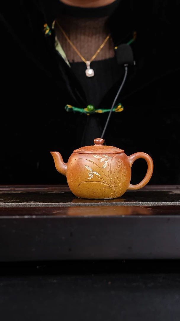 茶壶紫砂金黄段柴烧宫灯泥绘150cc