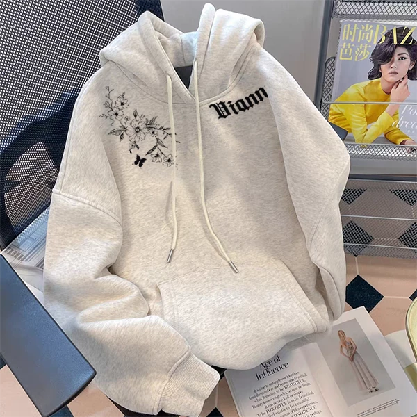 重磅500克纯棉简约花卉字母印花艺术感秋冬季新款青少年连帽卫衣