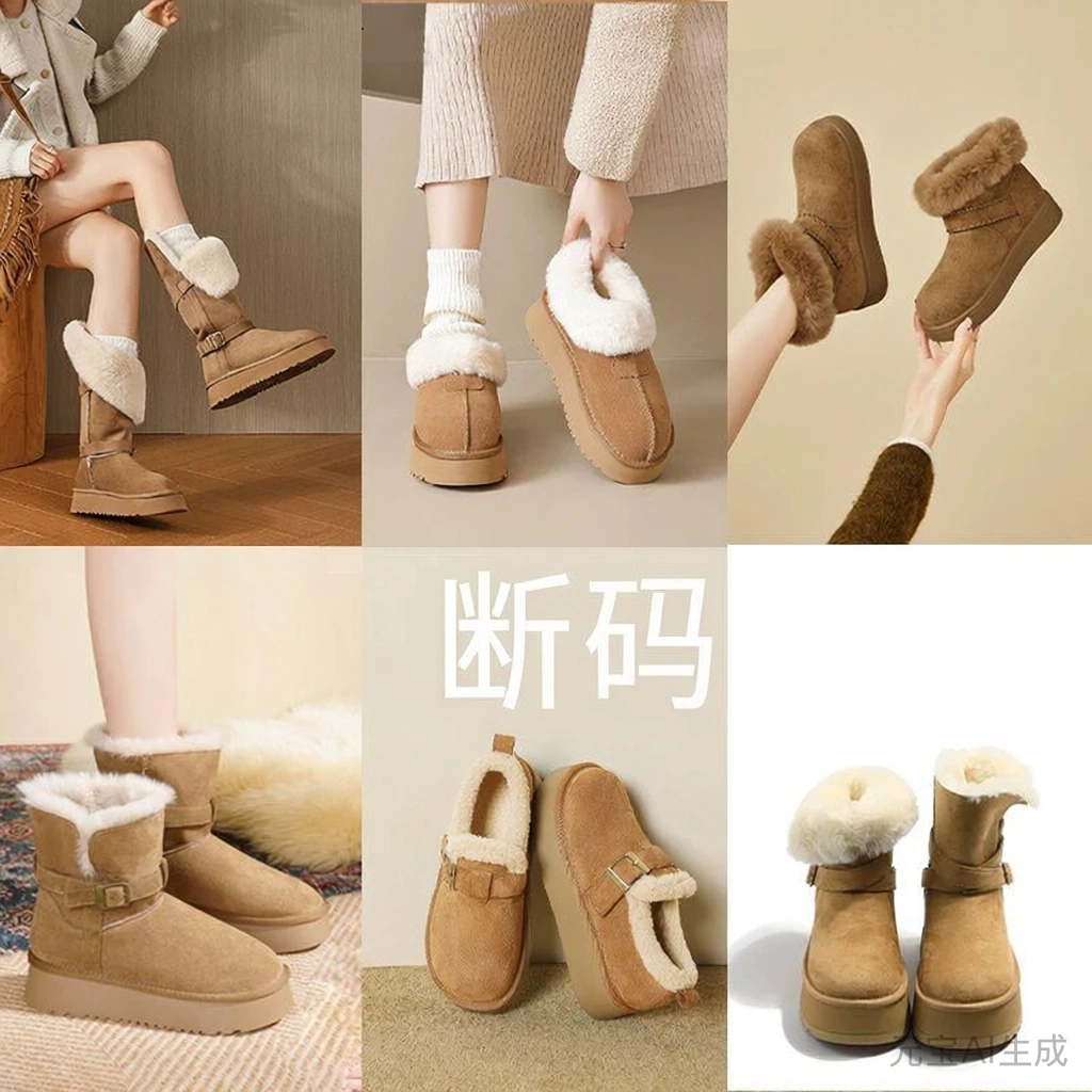 真皮时尚雪地靴皮毛一体一脚蹬mini厚底加绒保暖雪地棉百搭勃肯鞋