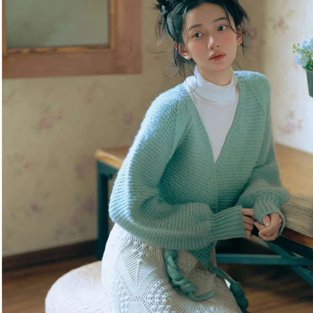 99新 Chanel/香奈儿 21A灯笼袖雾霾蓝系带针织开衫 34码