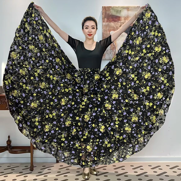 F《黄紫邂逅》满铺花雪纺女装时尚百搭中长款半身裙/720大摆/带衬裙