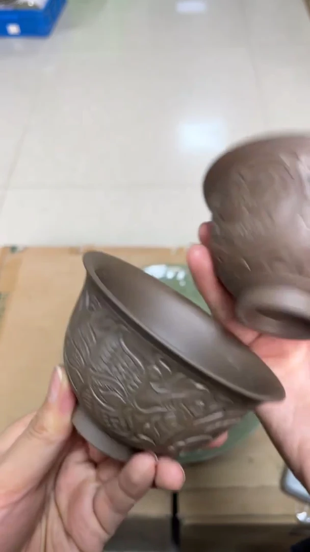 陶瓷纯手工素烧凤穿牡丹纹压手杯（一个）