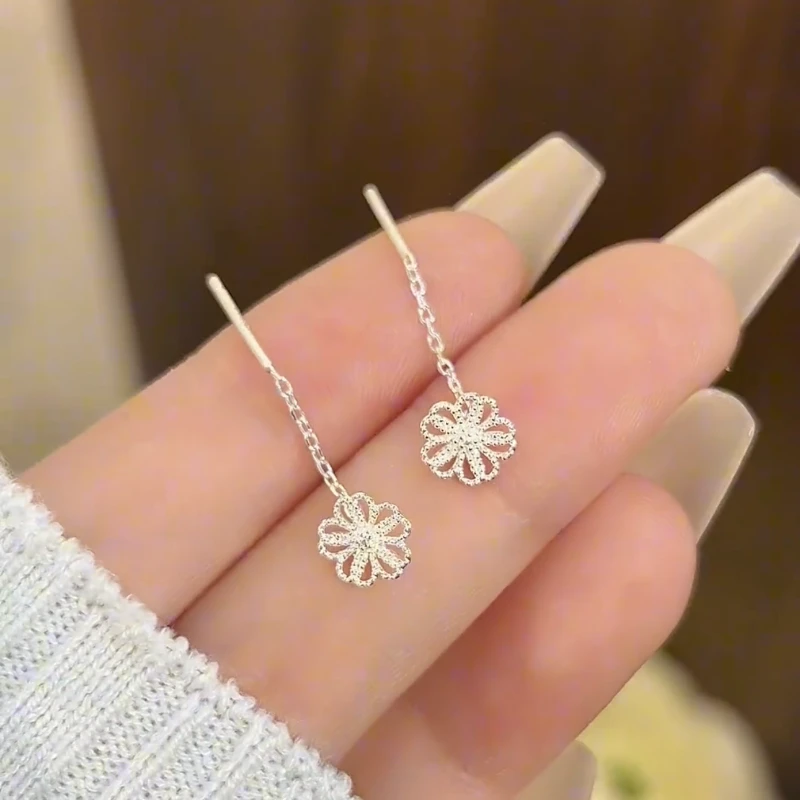 足银耳饰 4号999纯银耳线 2025春季新品镂空掐丝花朵耳线