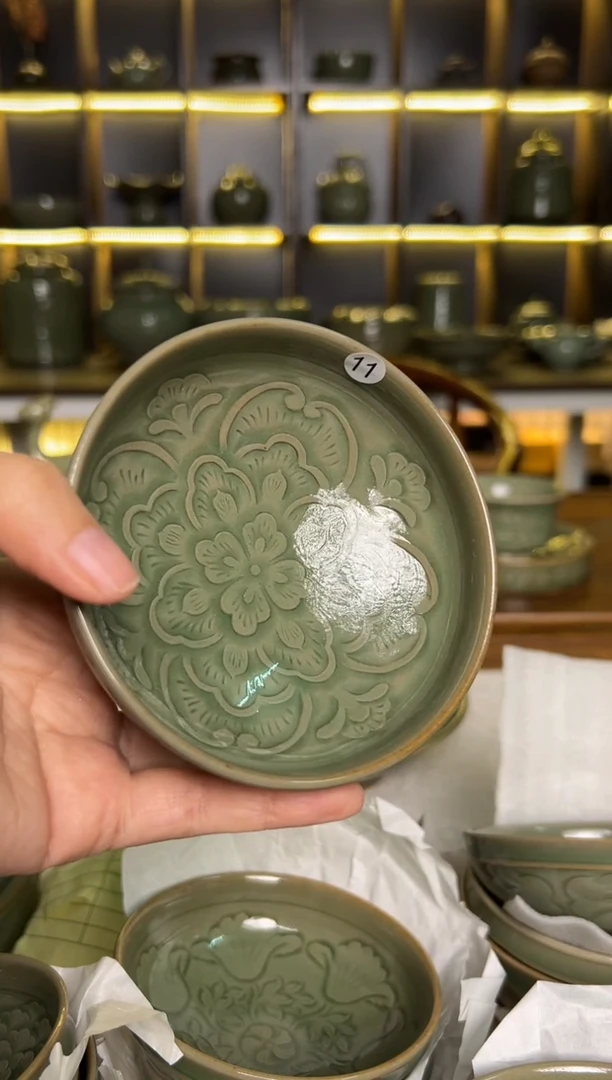 瓷片耀州窑纯手工内外双刻普洱杯微瑕福利11号