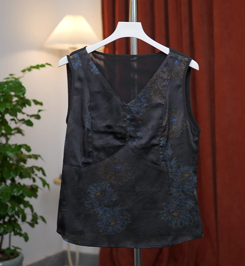 【2581】夏季香云纱无袖背心复古花萝背心冰爽透气百搭