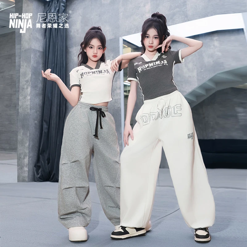 尼恩家儿童街舞套装女童jazz美式短袖V领T恤球衣爵士舞服表演出潮