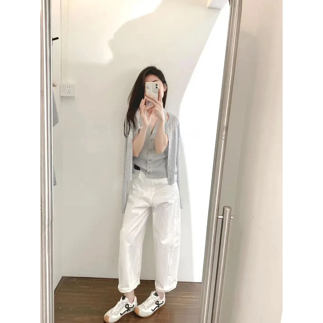 早春新款宽松慵懒风薄款针织开衫两件套装女装直筒休闲裤套装