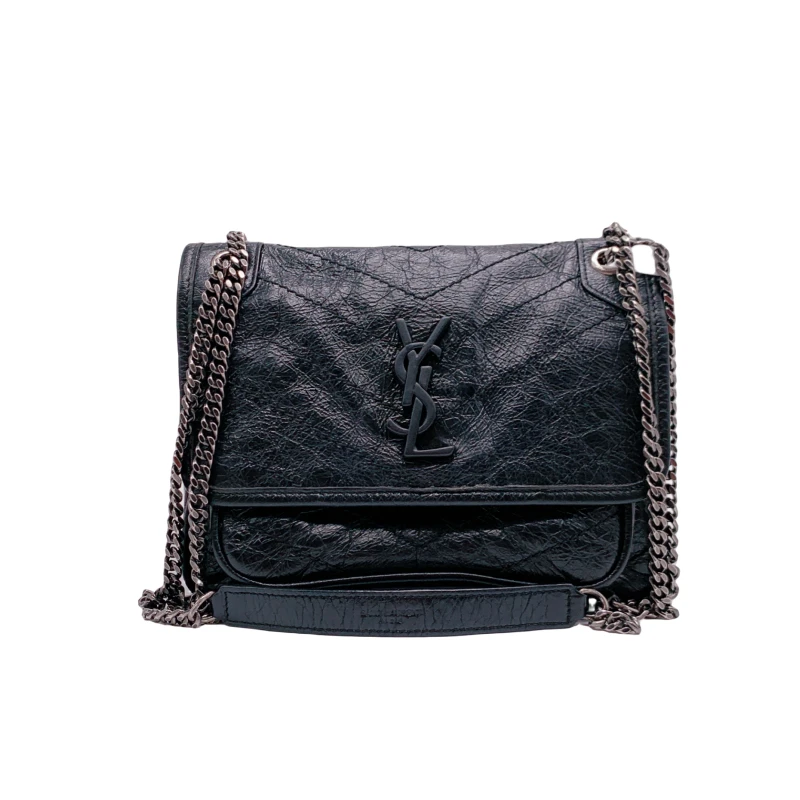 99新 YSL/圣罗兰 Niki黑银牛皮中号/小号 单肩手提包