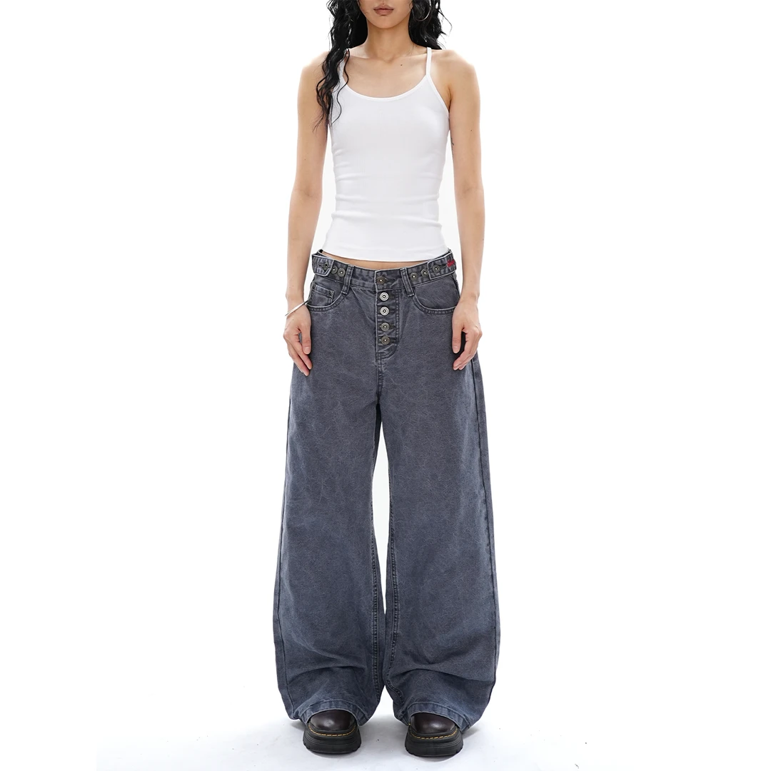 S3T5 美式新款直筒排扣设计感工装裤男女复古水洗慵懒阔腿休闲裤