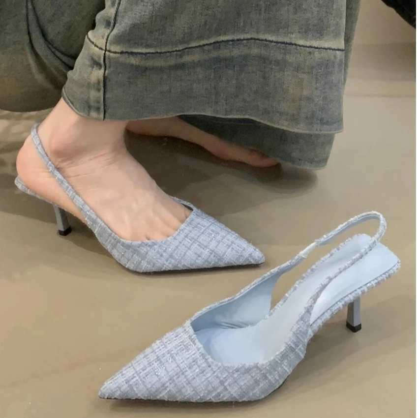 RS-W-77法式小香风高跟鞋2025年尖头细跟凉鞋女外穿包头后空单鞋