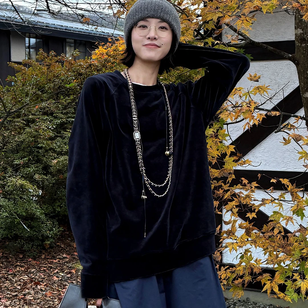 DE Mincollection 丝绒卫衣/定制天鹅绒丝绒光泽感插肩袖圆领卫衣