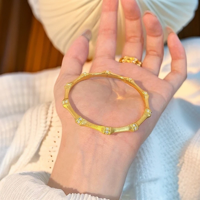 足银手镯 磨砂竹节拉丝镶钻竹节手镯【】