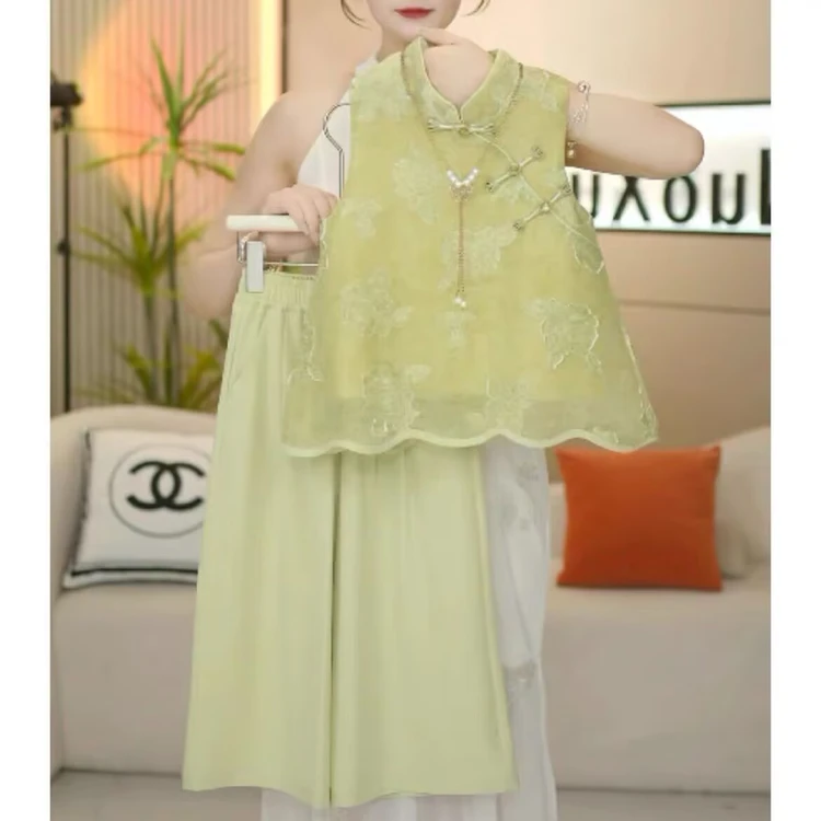 女童夏季新中式套装2025新款女孩汉服古风无袖阔腿裤两件套国风潮