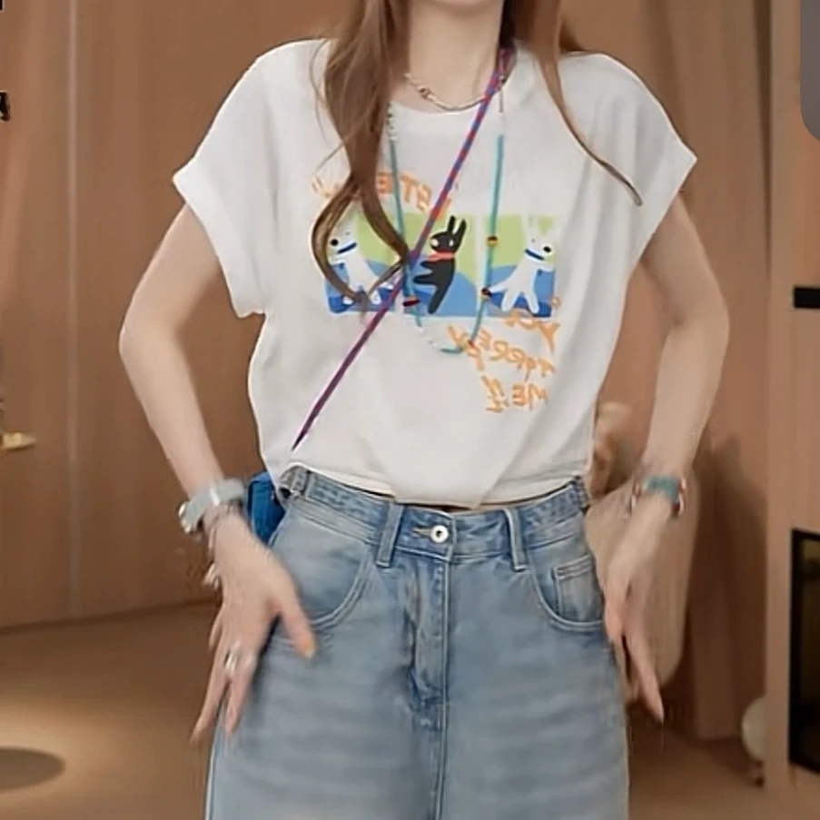 设计感时尚透气显瘦印花短袖T恤女2025夏季新款圆领休闲通勤上衣