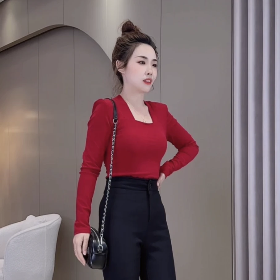 【橙子定制】时尚辣妹风方领锁骨气质修身显瘦T恤#2662