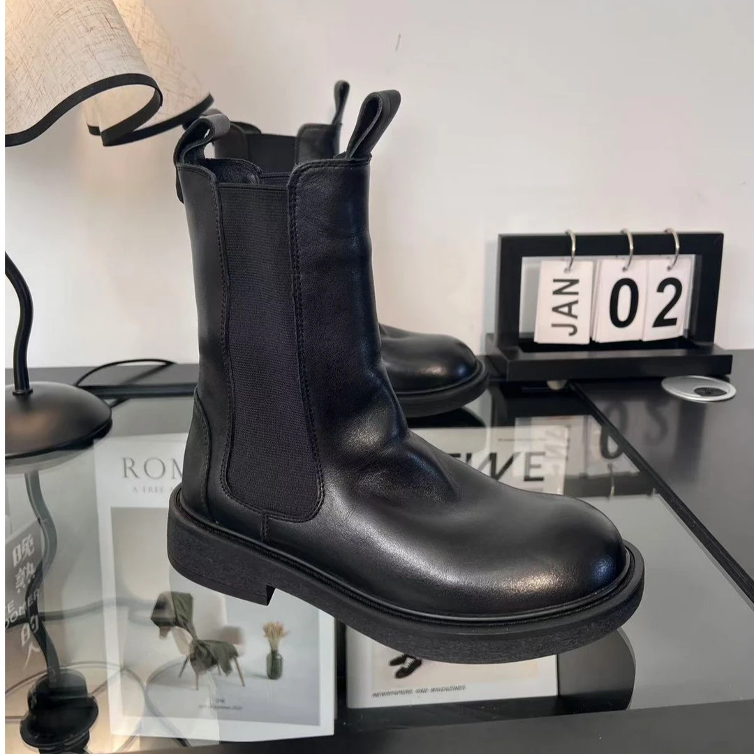 保暖搭子加绒牛皮烟筒靴手工皮胚时尚百搭女黑色厚底短靴切尔西靴