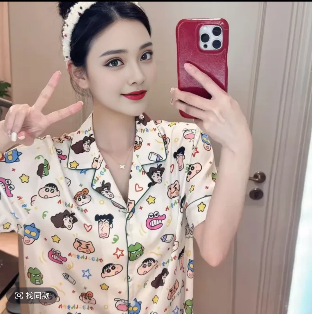冰丝睡衣女夏短袖长裤薄款甜心卡通蜡笔小新印花绸缎丝家居服套装