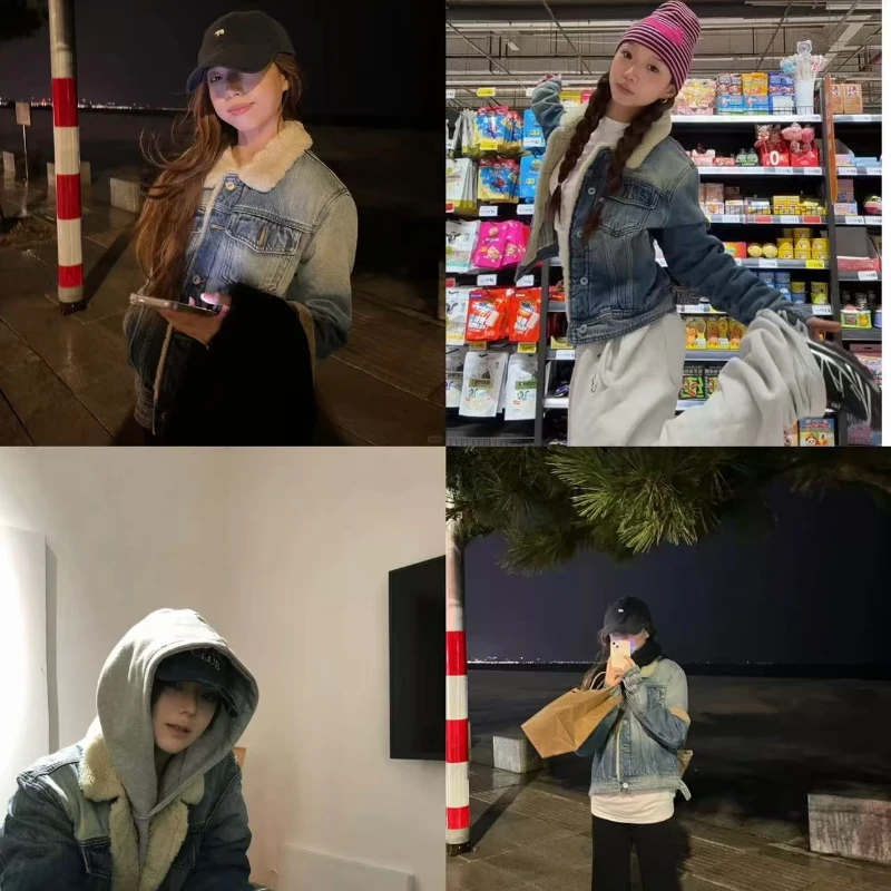 徐秋阳   米兰街头 做旧羊羔绒牛仔外套格纹保暖棉服夹克MC0151