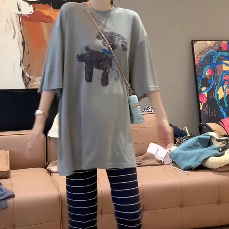 【精萌小狗】宽松大版短袖时尚慵懒感百搭圆领印花T恤C5401