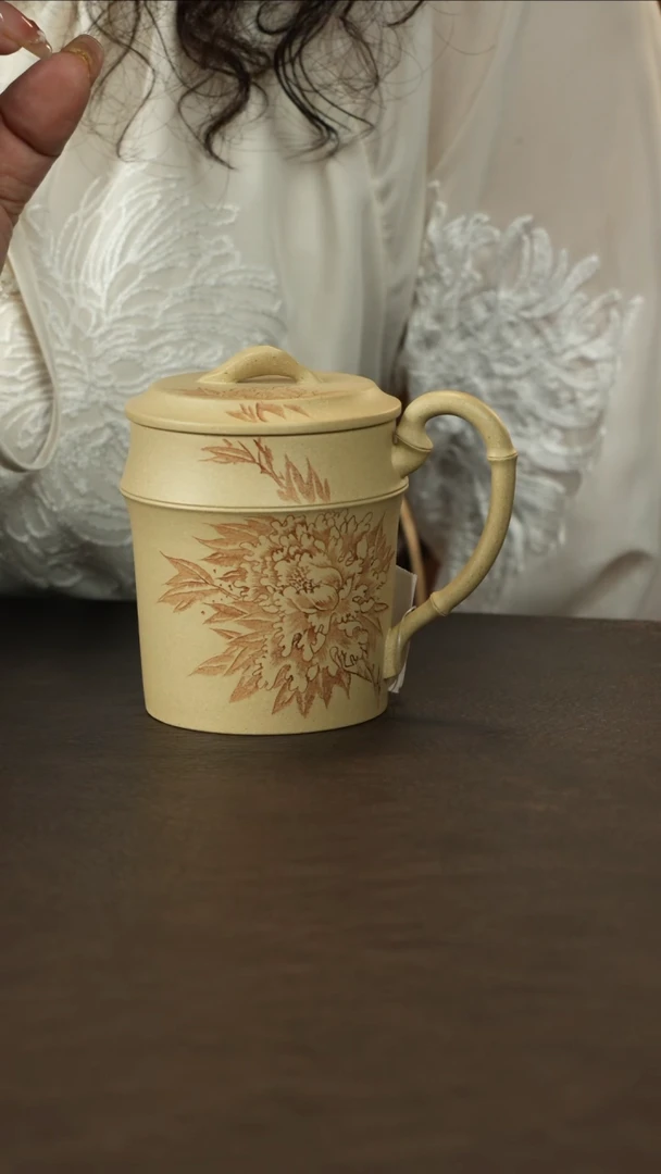 茶杯紫砂李建军 本绿 竹节盖杯刻牡丹