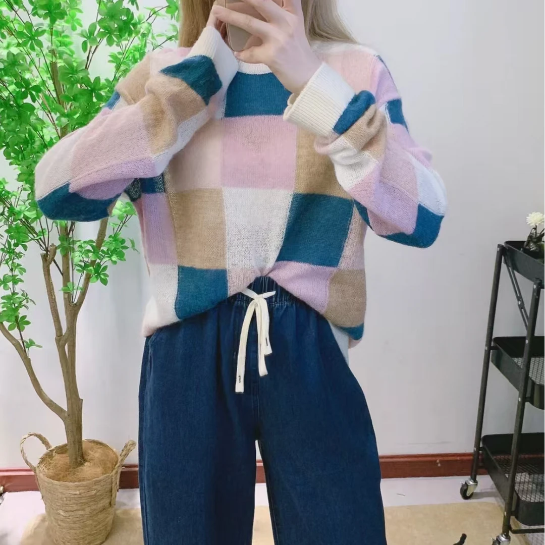 342羊驼毛混纺趣味色块设计合身圆领针织衫