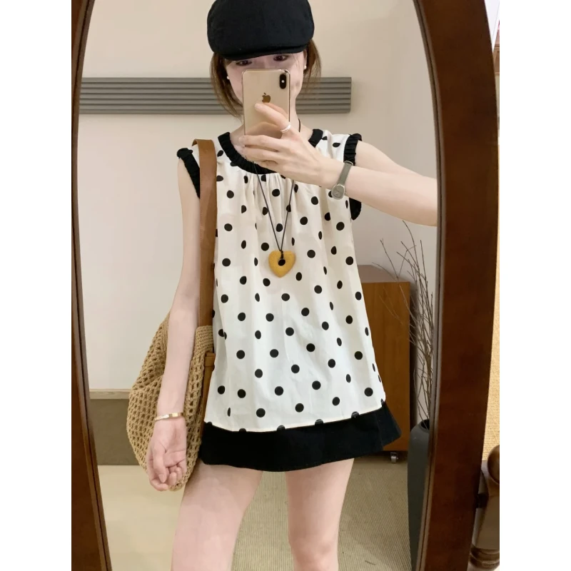 韩系波点无袖衬衫背心女夏季2025新款宽松显瘦减龄格子小衫上衣潮