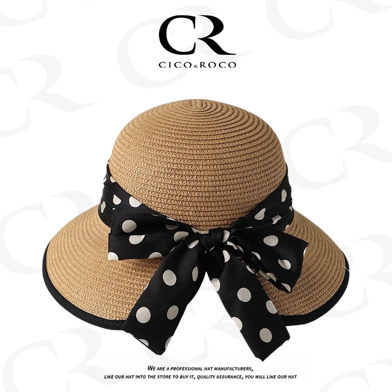 CR法式赫本风波点蝴蝶结大檐遮阳草帽防晒沙滩太阳帽