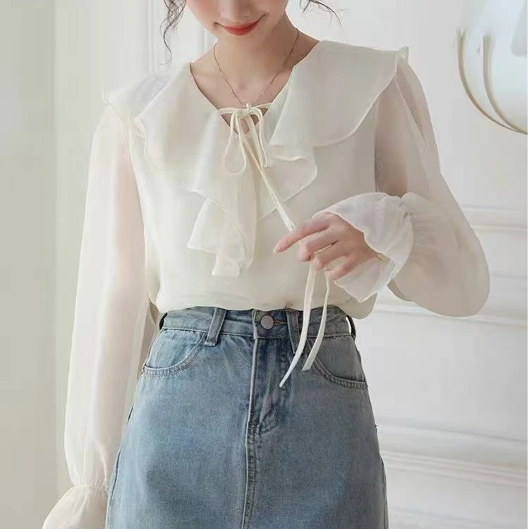 法式温柔仙气荷叶边长袖衬衫女早秋高级感薄纱系带V领气质上衣