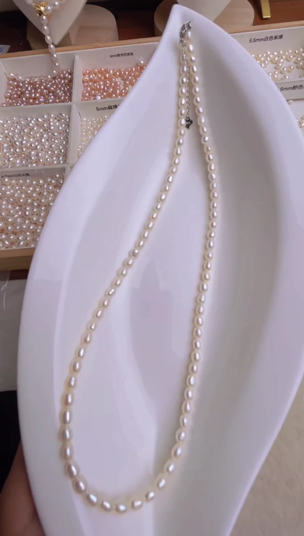 淡水珍珠银S925镶嵌项链4-4.5mm45cm延长链少瑕白色米珠