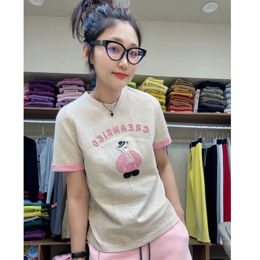 圆领时尚宽松印花短袖常规休闲风网红拼接刺绣T恤高品质修身韩版