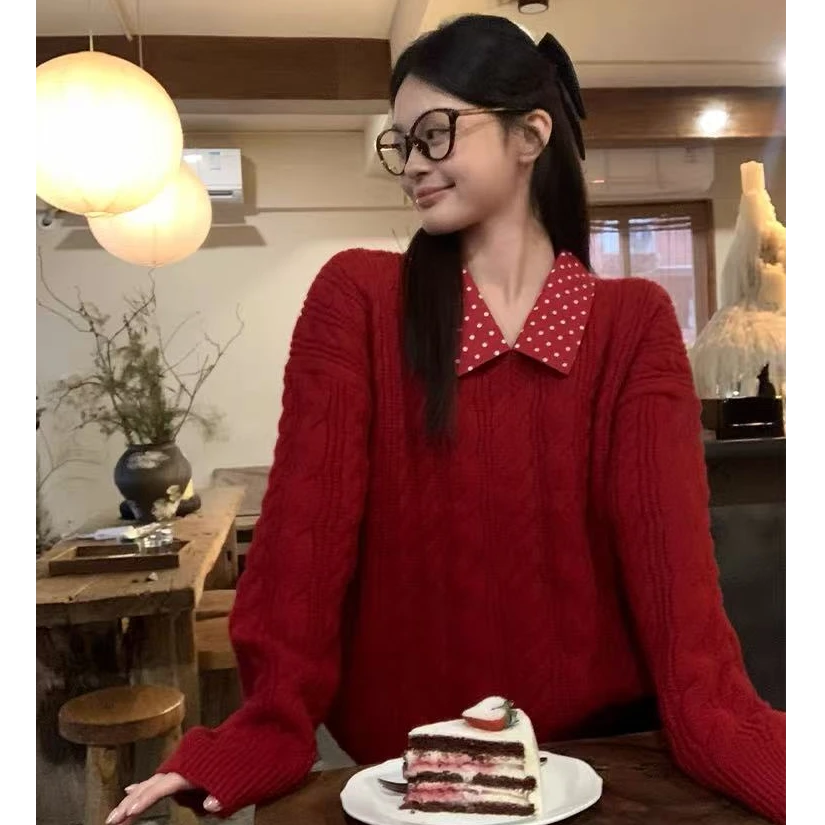 红色毛衣女冬季圣诞穿搭韩系假两件Polo领宽松慵懒针织上衣