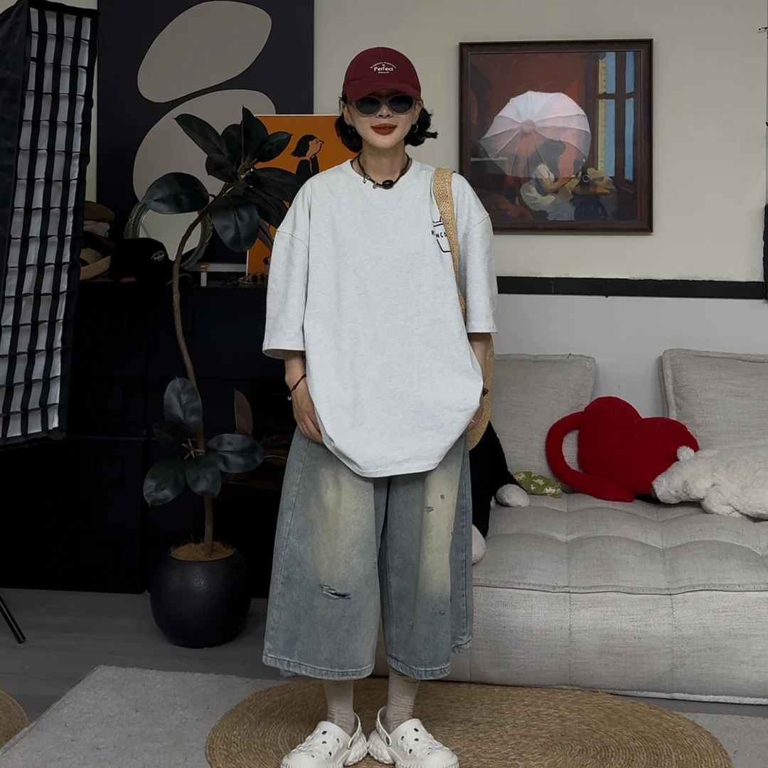 橘子罐头卫卫休闲百搭夏季美式复古情侣印花T恤